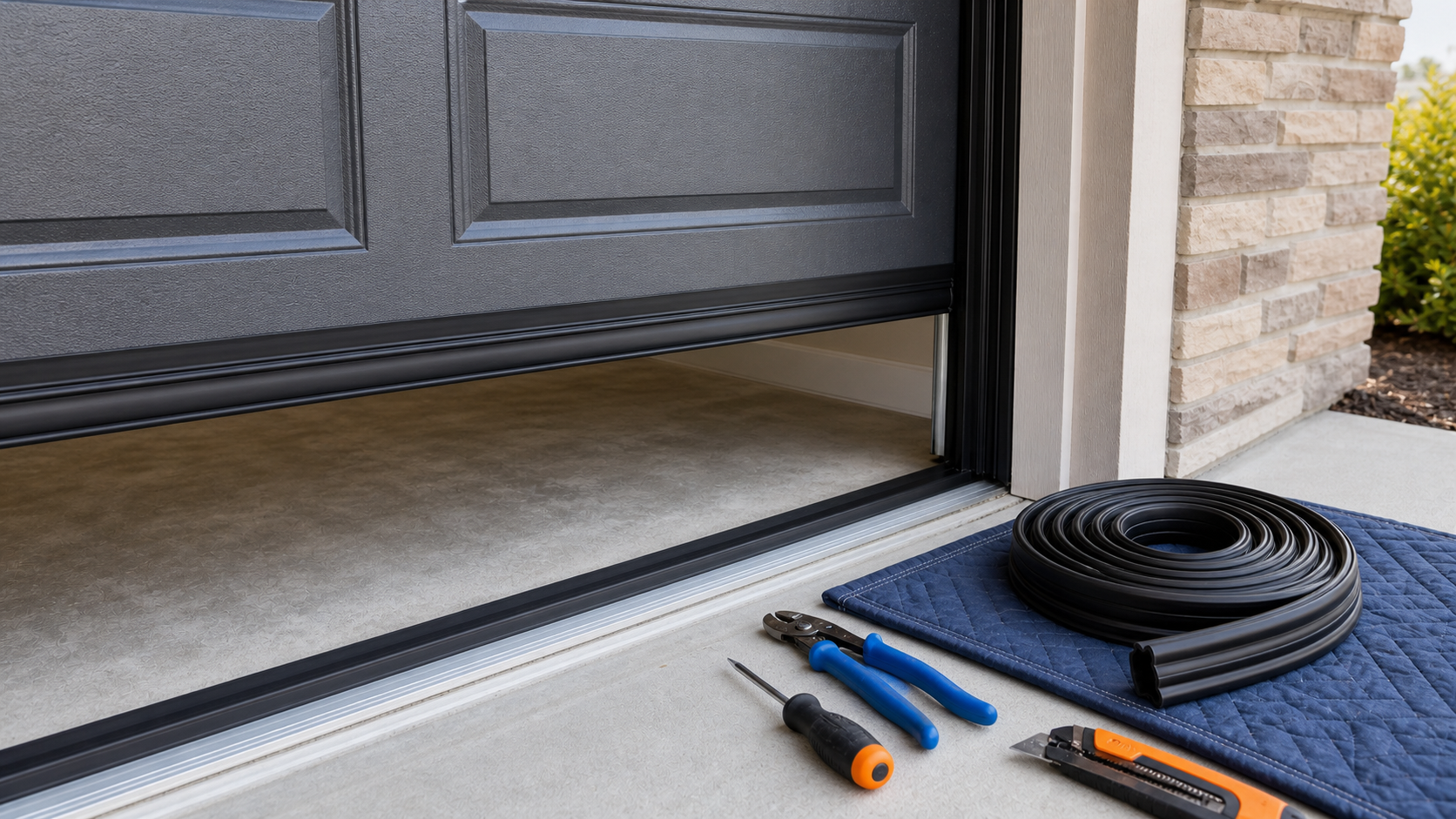 Garage door bottom seal and replacement materials prepared for installation