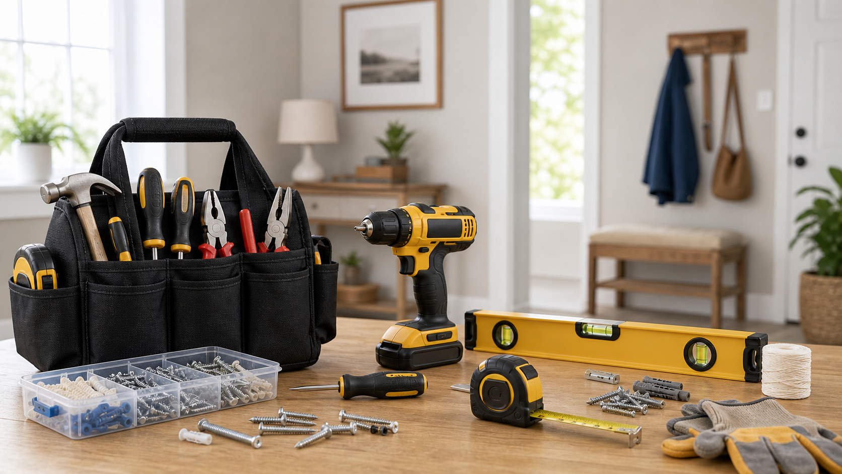 General handyman tools arranged on a work surface in a bright residential interior
