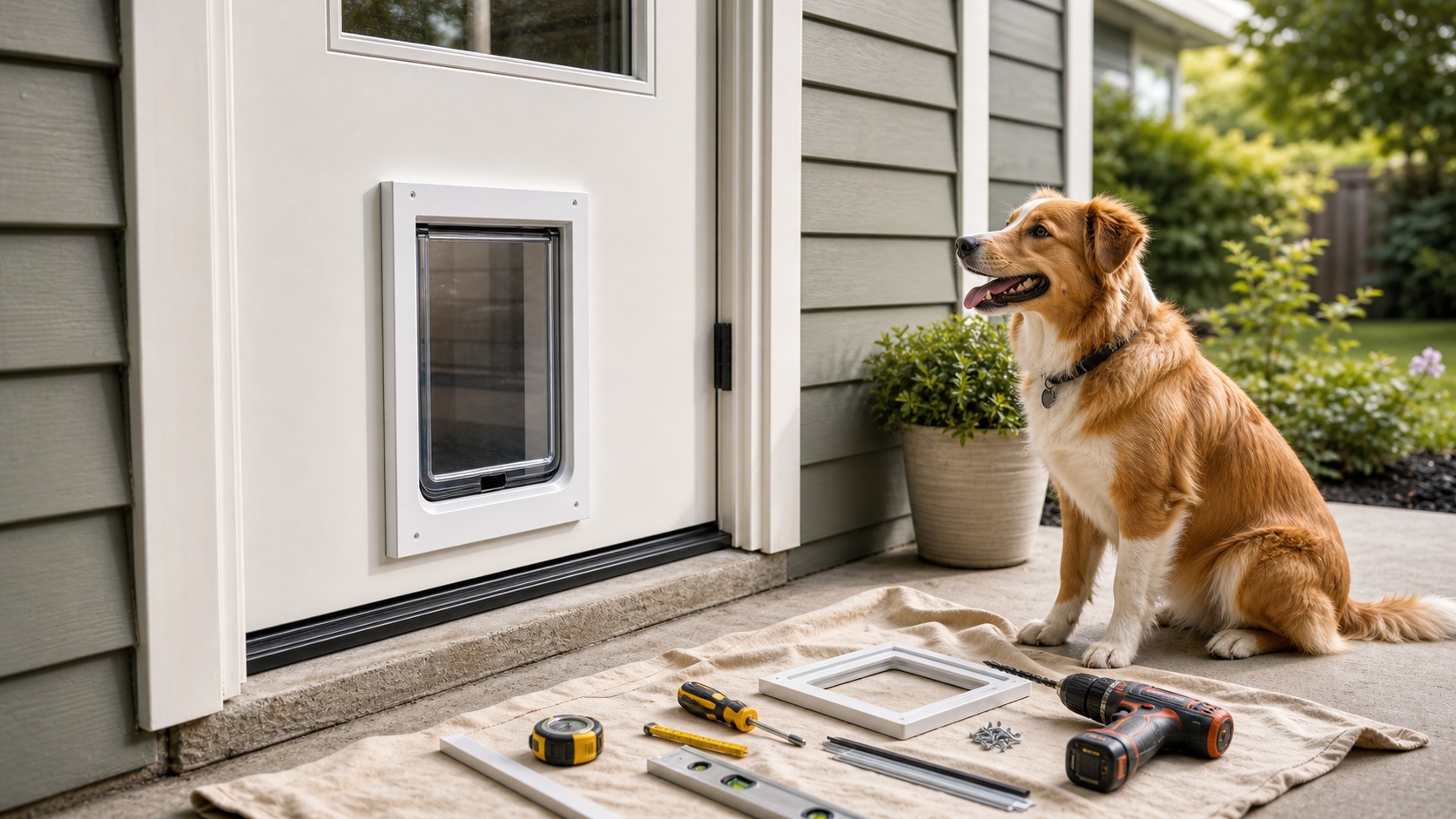 Installed pet door at a back door with a dog waiting nearby and neatly arranged tools